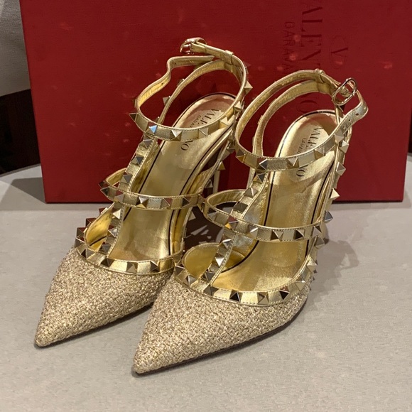 New Auth Valentino Rockstud Gold Tweed Fabric Heel